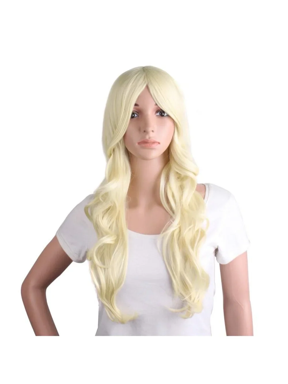 Women's Light Blonde 24 Inch Synthetic Modern Long Wavy Side Bangs Wigs